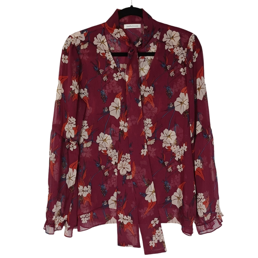 JOHN PAUL RICHARD Burgundy Pink Cream Floral Print Semi Sheer Long Sleeve Top